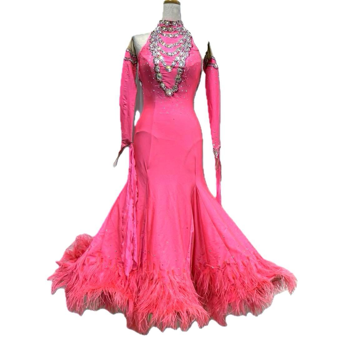 Y5697★SM★ピンク オーストリッチ スワロ スタンダードドレス☆社交ダンス ea421da629b6bdcd8b4c3e313419d5