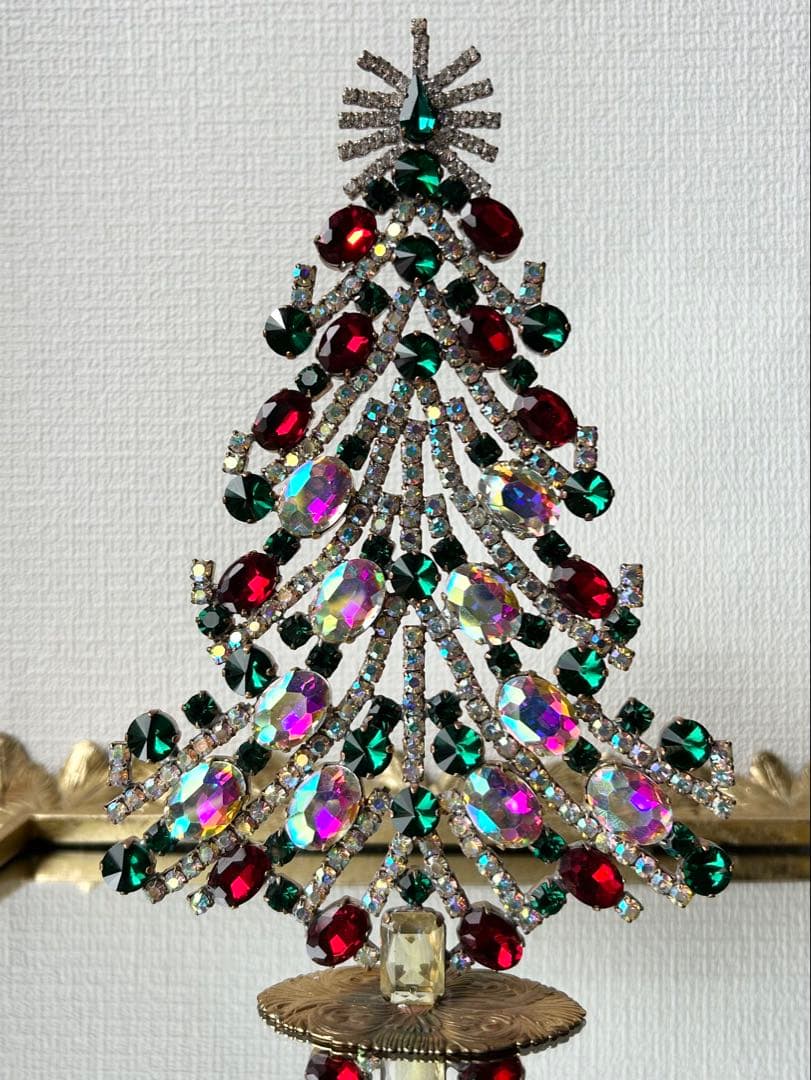 チェコガラス/ガラスツリー/赤/緑/オーロラ/卓上/クリスマス/ラインストーン チェコガラス ビンテージ クリスマスツリー ヴィンテージ チェコ
