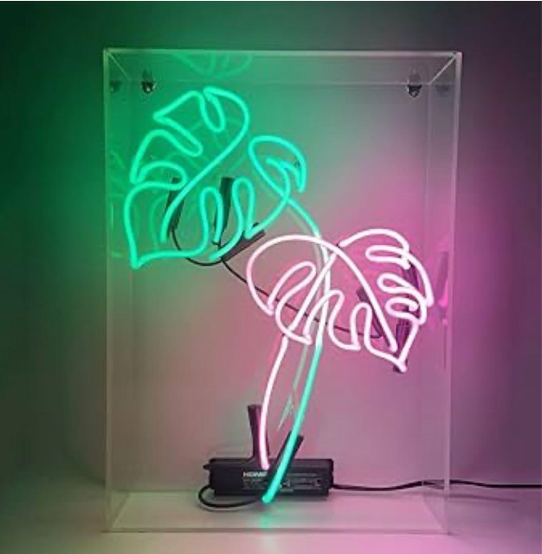 オリジナル　ネオンサイン モンステラ 葉っぱデザイン 緑白ピンク ボックス型 観葉植物 ハートの葉っぱ おしゃれ 大型 本物 モンステラ 斑入り