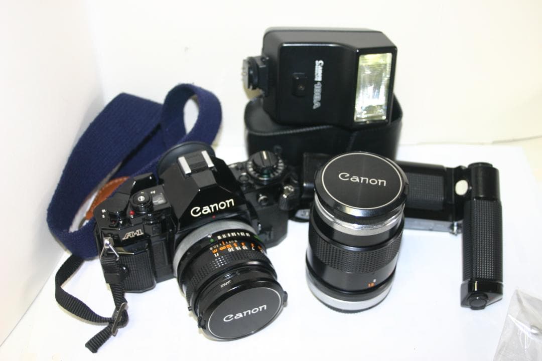 動作確認済】キャノンA-1+純正レンズ2本+モータドライブ+ストロボ（