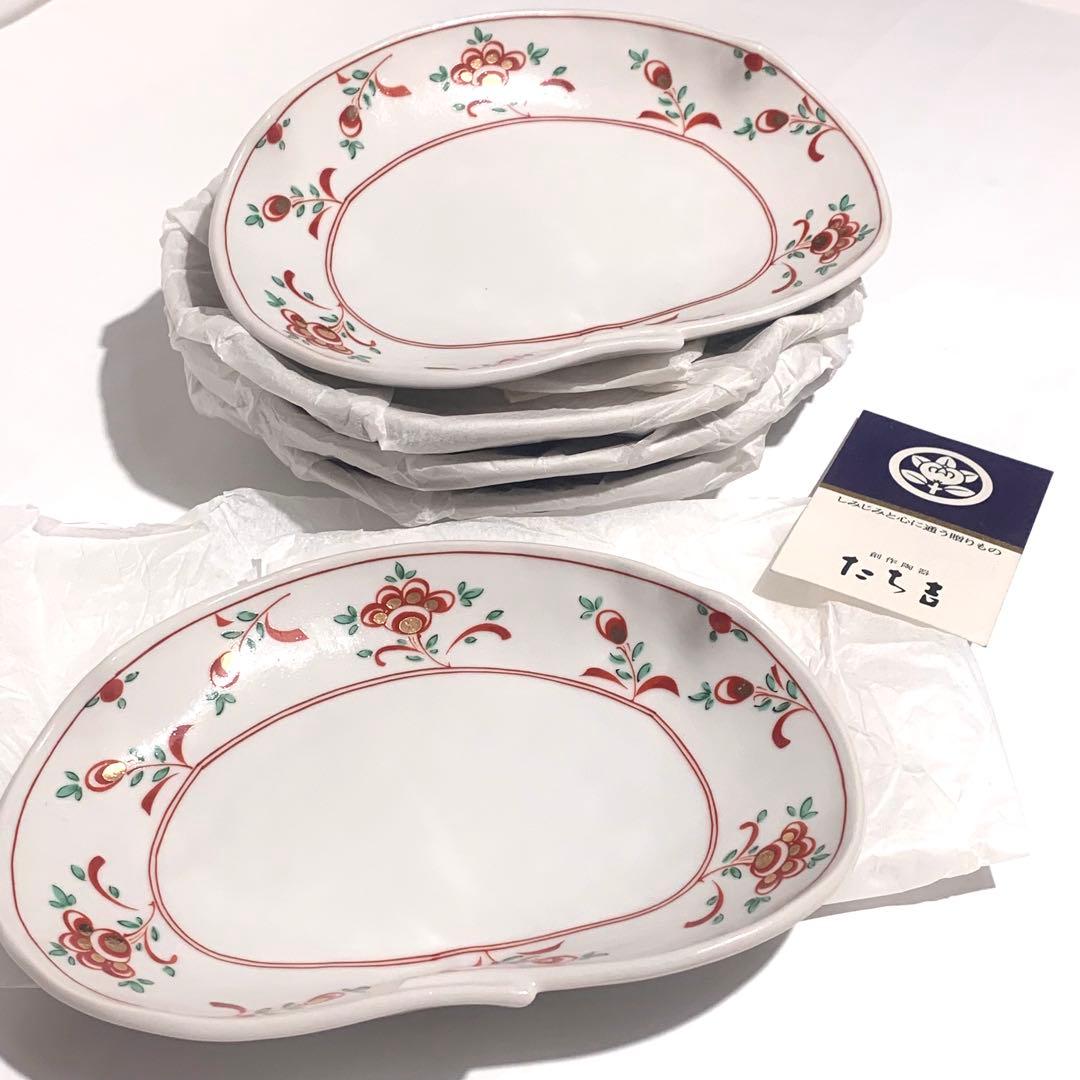 新品-未使用品】京都『橘吉』 たち吉 赤絵花文楕円皿 平安橘吉変皿