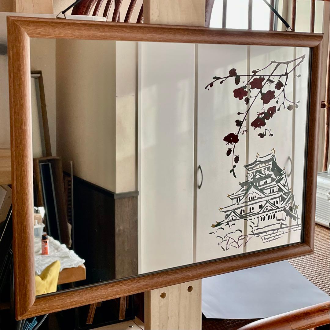 ハンドメイド　インテリア　壁掛け　鏡　梅と城/Japanese Style 7b9536feb5d65a7ffbd1998c124604